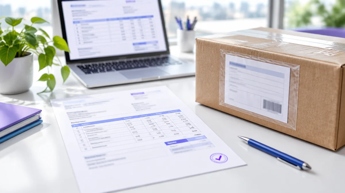 Facture douanière imprimée et validée à côté d'un colis prêt à l'export