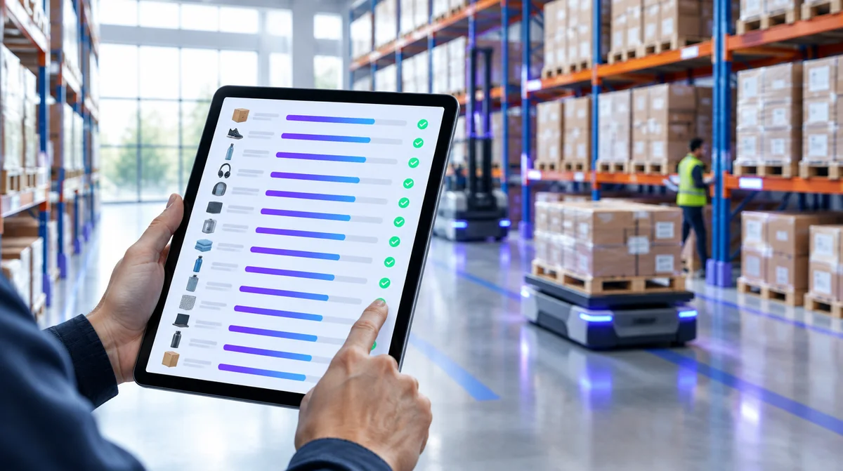 Tablette affichant un catalogue traité dans un entrepôt
